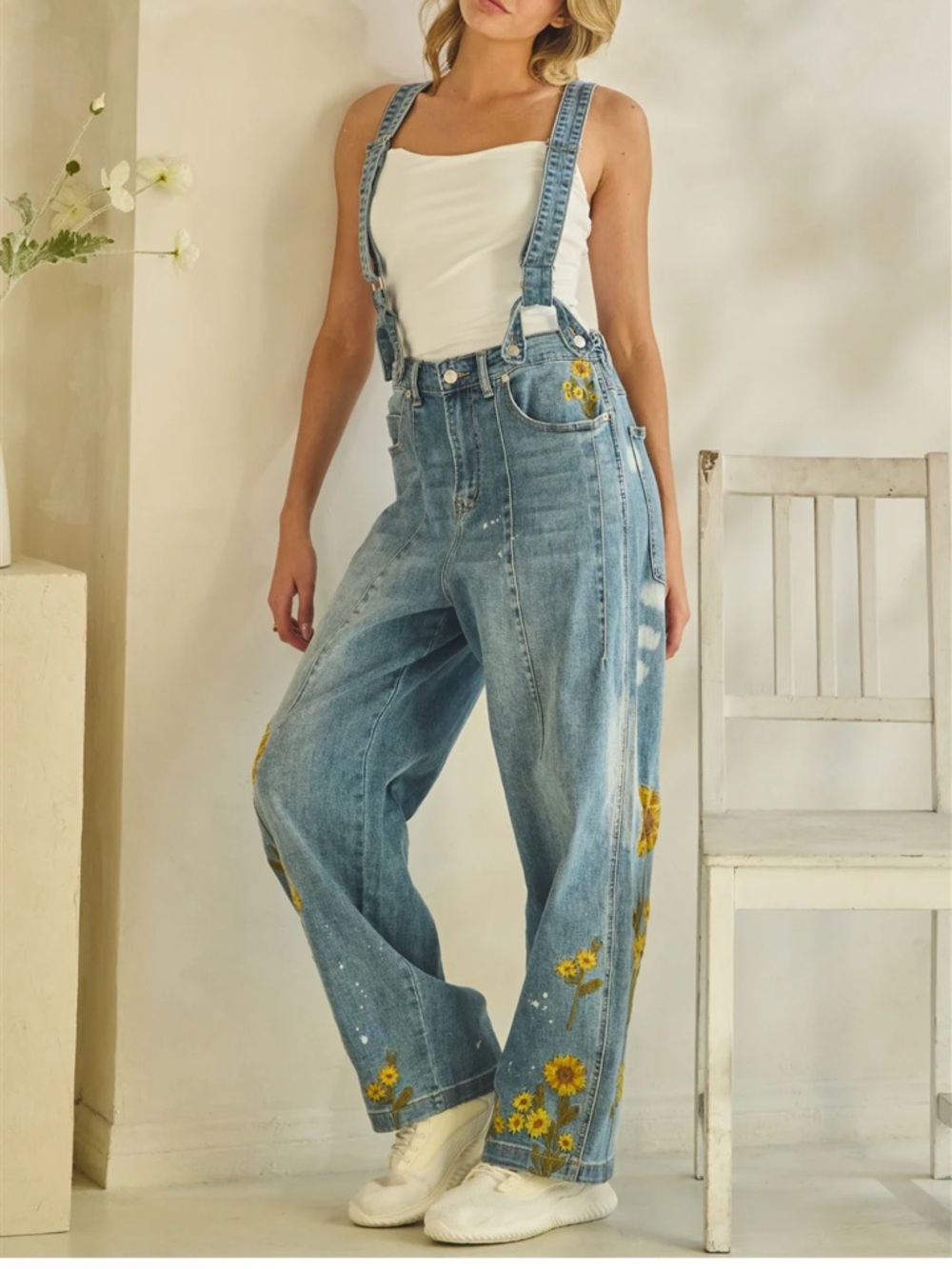 💕LAST ONE! Oli & Hali Blue Denim Overalls with Sunflower Embroidery - Picture 9 of 12